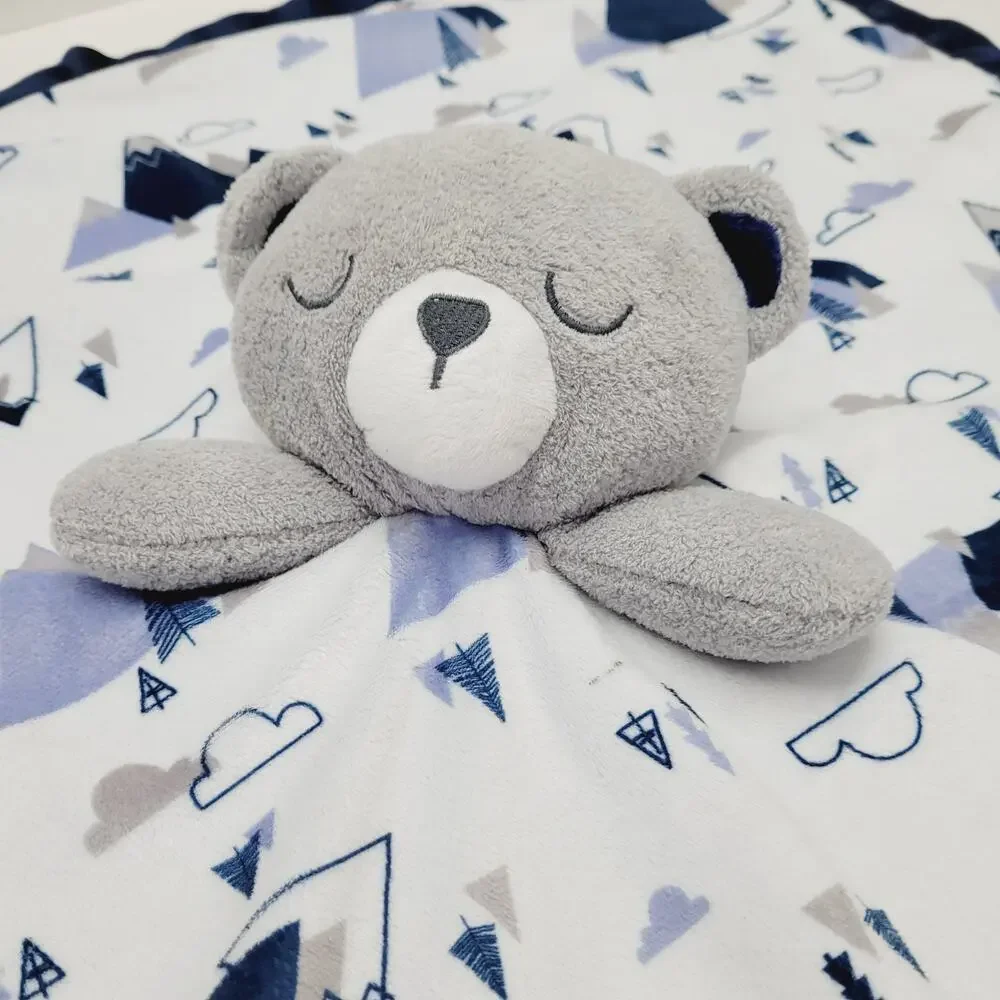 Just Born Bear Baby Blanket White Grey Blue Mountains Satin Security Lovey 24